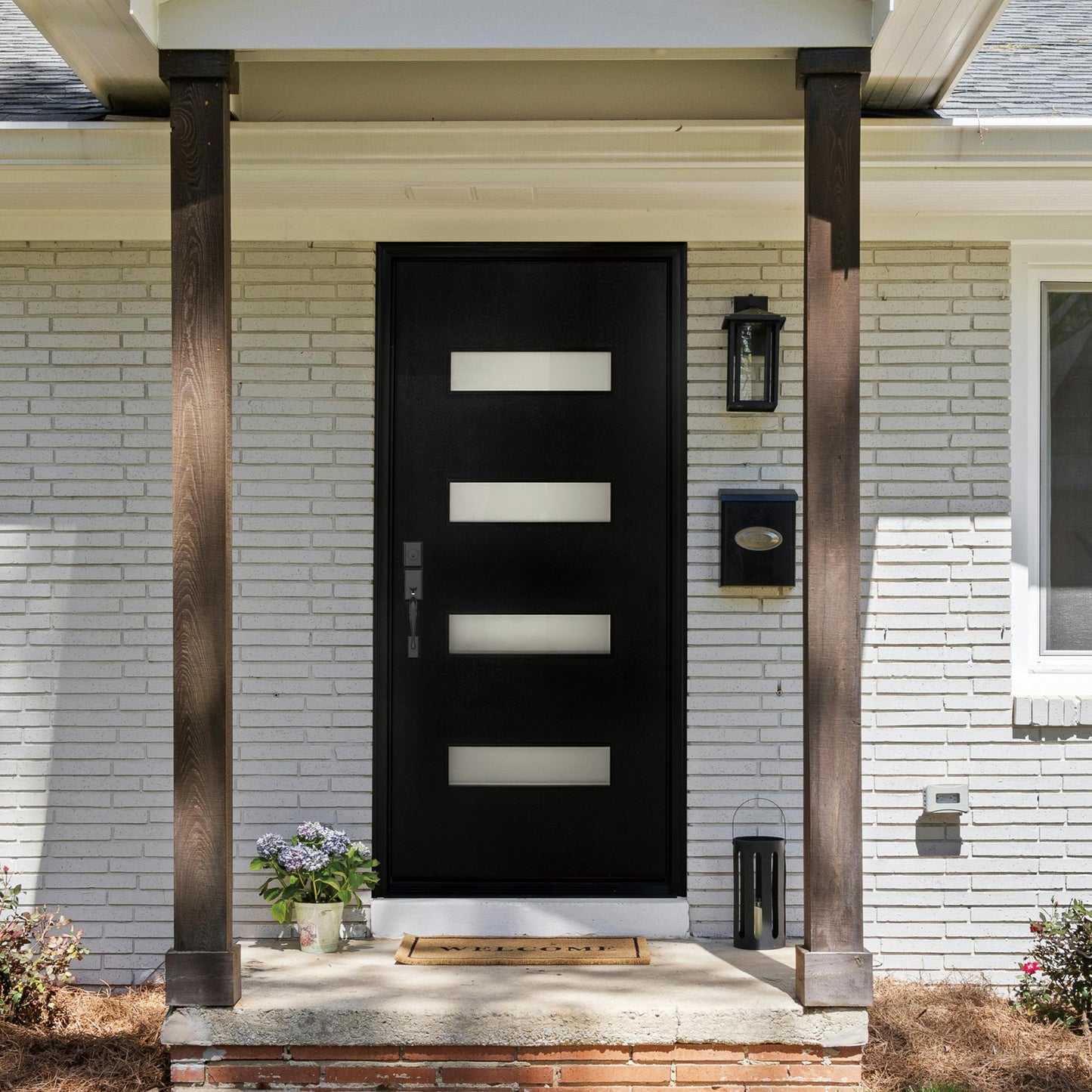 KHSHOW 36 x 80 Fiberglass Entry Door Black 4-Lite Frosted Glass Door with Brickmould