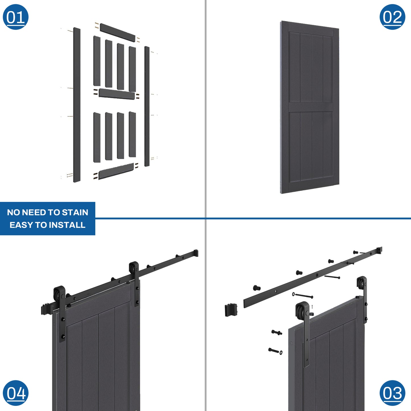 KHSHOW 36in x 84in Dark Gray Barn Door with 6.6FT Sliding Door Hardware Kit, Covered with Water-Proof PVC Surface