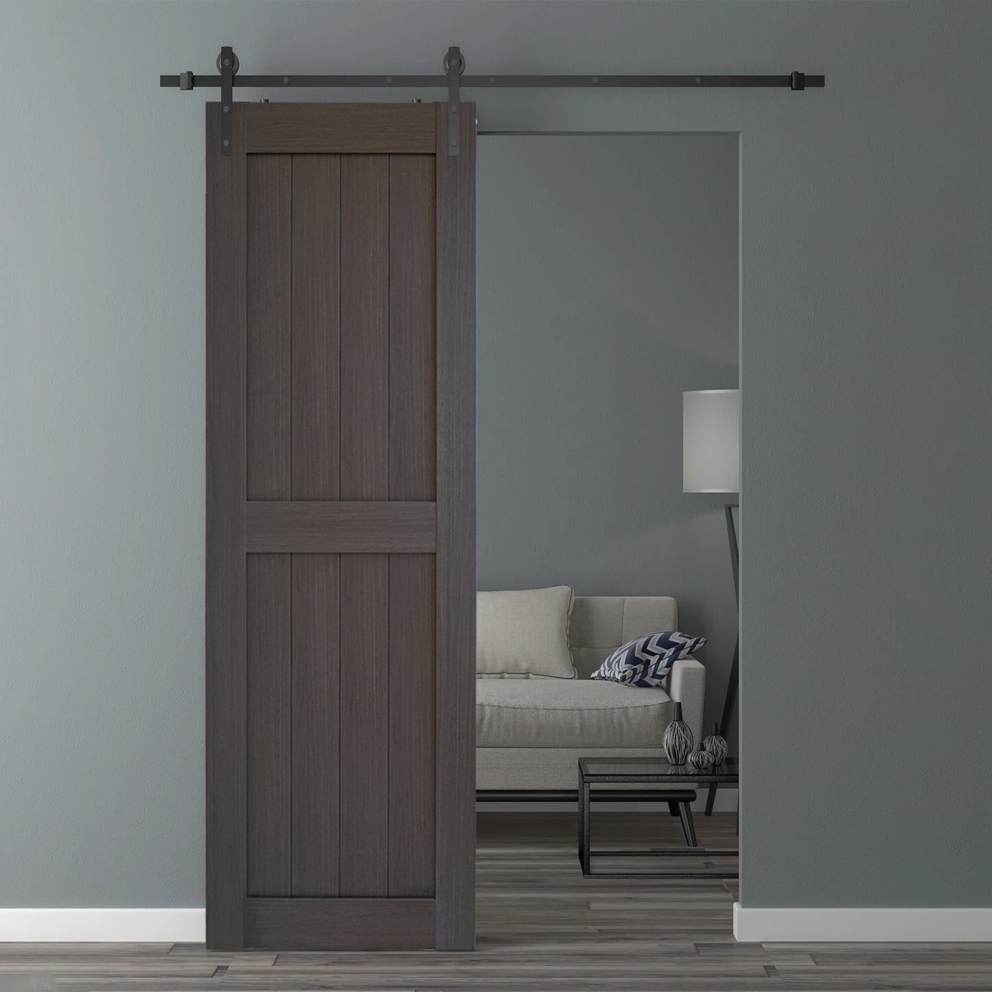 KHSHOW 30in x 84in Barn Door with 5FT Sliding Door Hardware Kit, PVC Dark Gray Barn Door Slab, Water-Proof