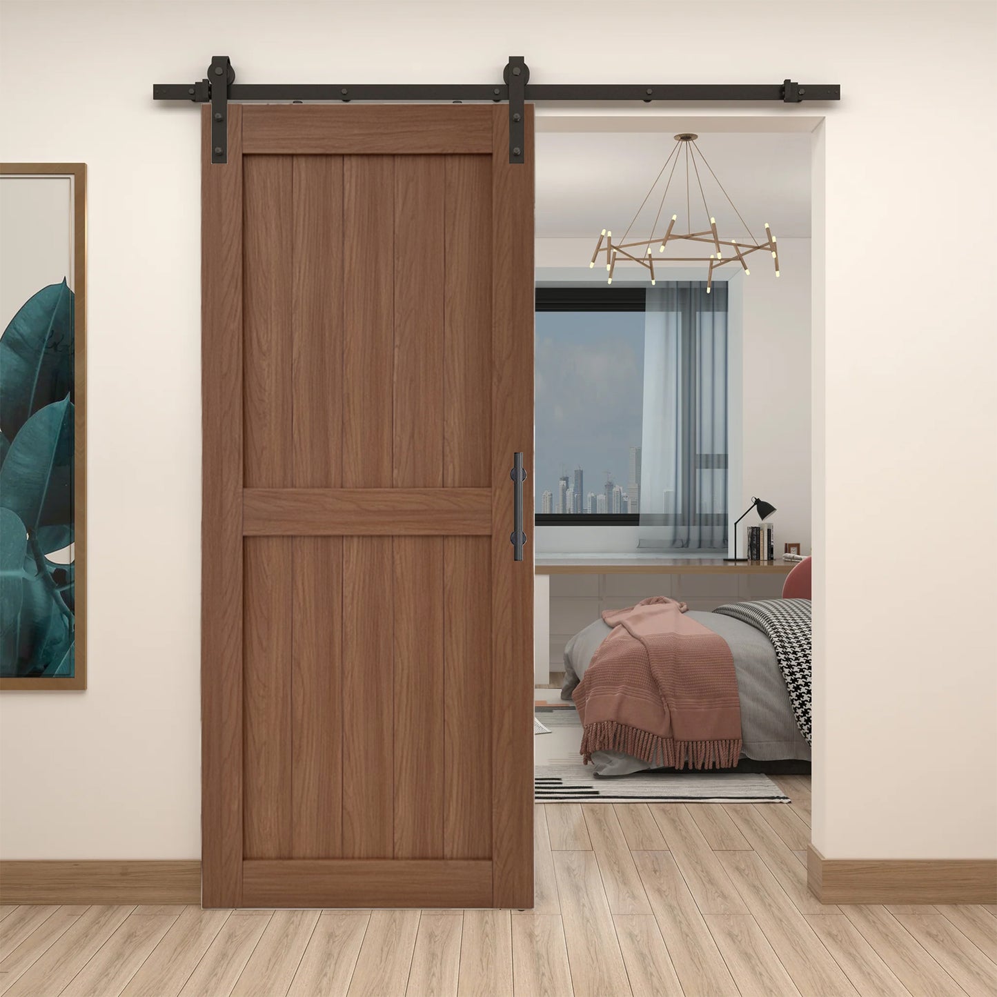 KHSHOW 36in x 84in PVC Barn Door with 6.6FT Sliding Door Hardware Kit, Camel Brown Barn Door with Water-Proof Function