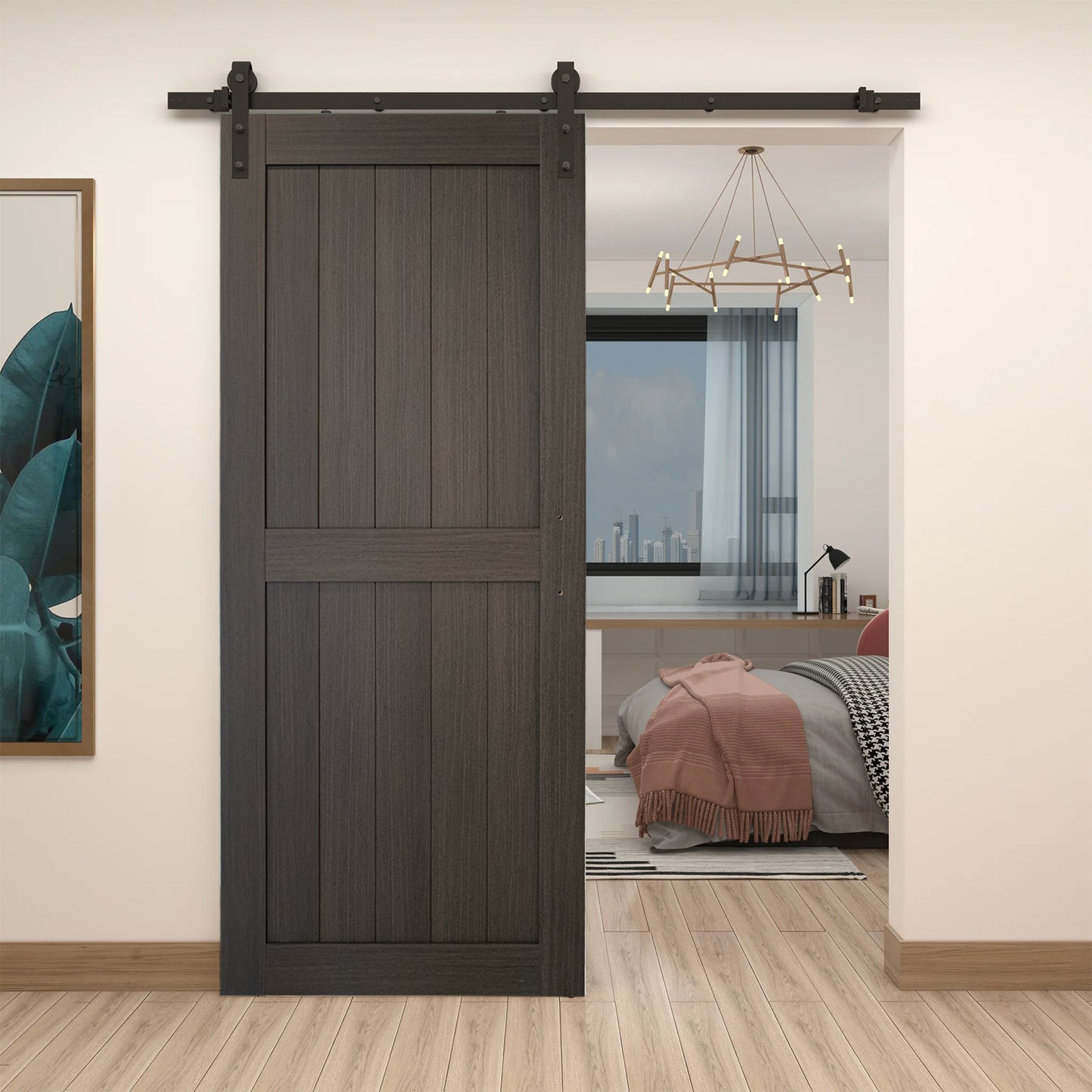 KHSHOW 36in x 84in Dark Gray Barn Door with 6.6FT Sliding Door Hardware Kit, Covered with Water-Proof PVC Surface