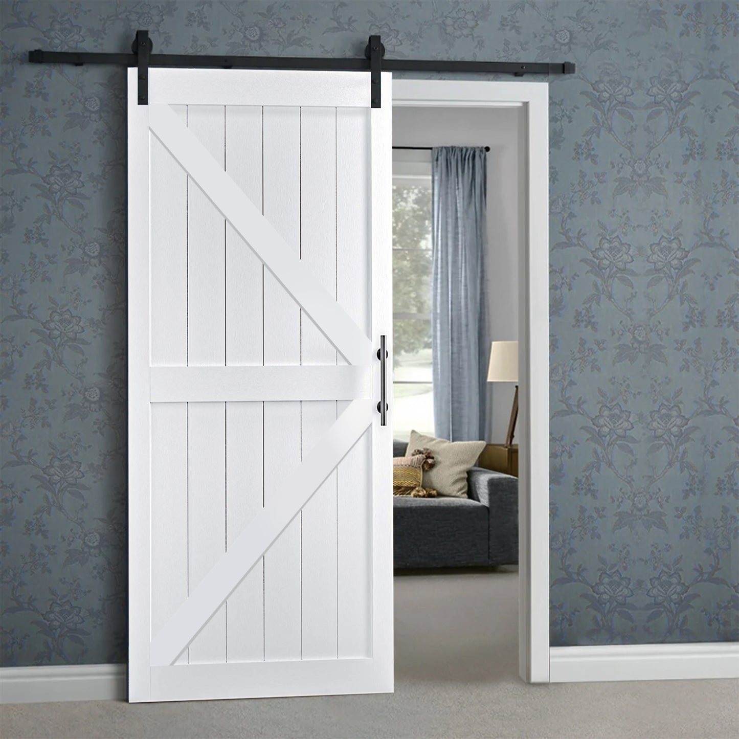 KHSHOW 42in x 84in Barn Door with 7FT Sliding Door Hardware Kit, White Barn Door Slab Covered with Water-Proof PVC Surface