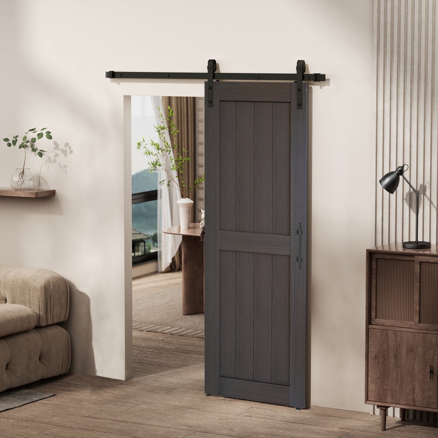 KHSHOW 32"x84" Barn Door with Waterproof PVC Surface, Dark Gray Finish, Includes 6FT Sliding Door Hardware Kit