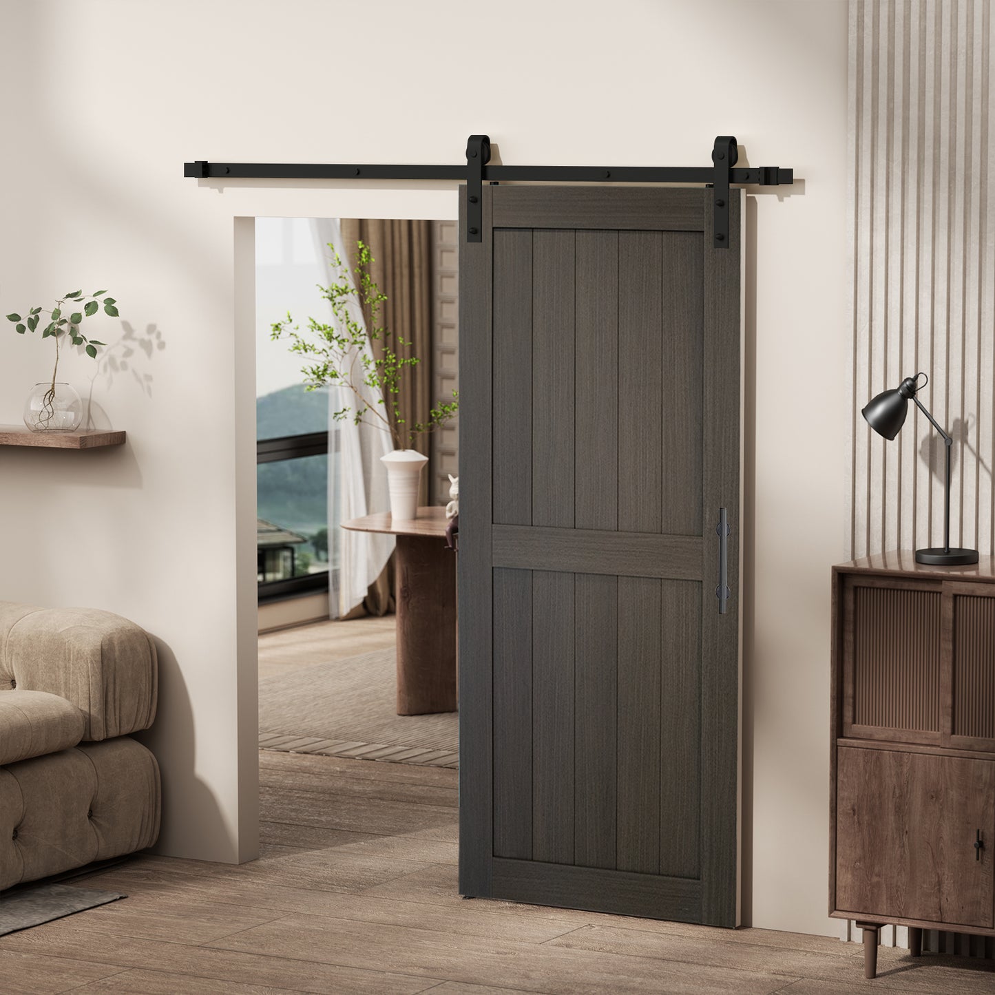 KHSHOW 36in x 84in Dark Gray Barn Door with 6.6FT Sliding Door Hardware Kit, Covered with Water-Proof PVC Surface