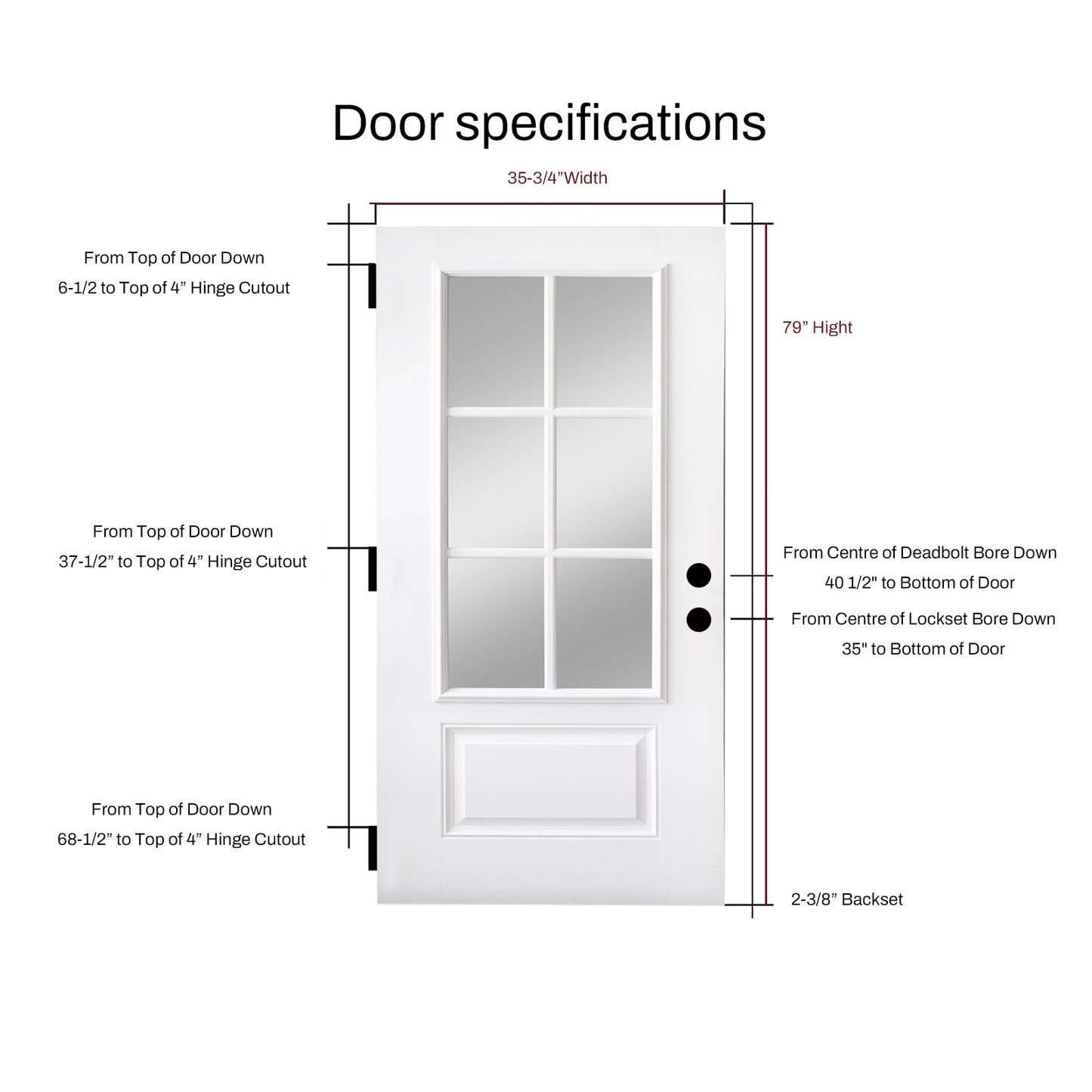 KHSHOW 36 x 80 Smooth Fiberglass Entry Door left-hand inswing ,6 Lite 3/4 View Clear Low-E Glass