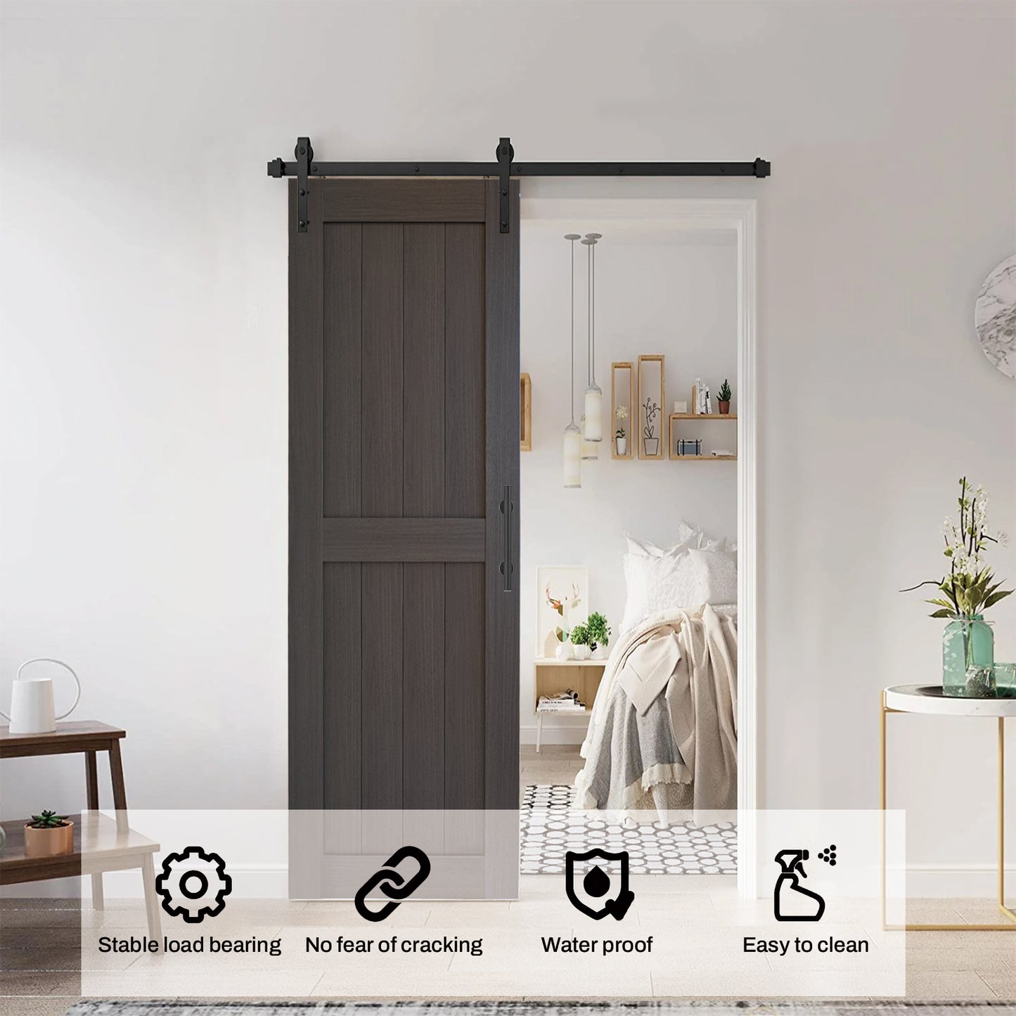 KHSHOW 30in x 84in Barn Door with 5FT Sliding Door Hardware Kit, PVC Dark Gray Barn Door Slab, Water-Proof